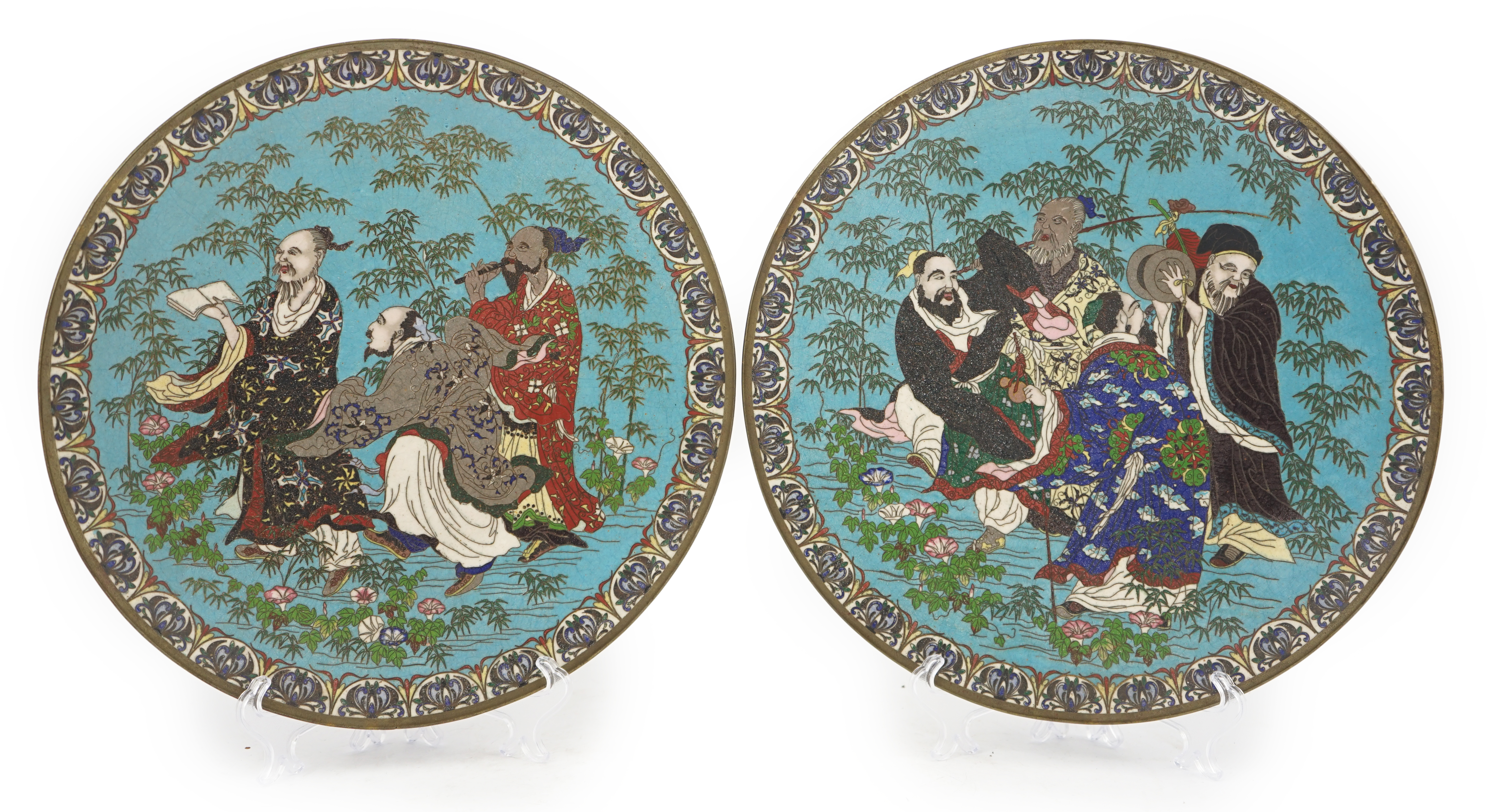 A pair of Japanese cloisonné enamel ‘Seven Sages of the Bamboo Grove’ dishes, Meiji period